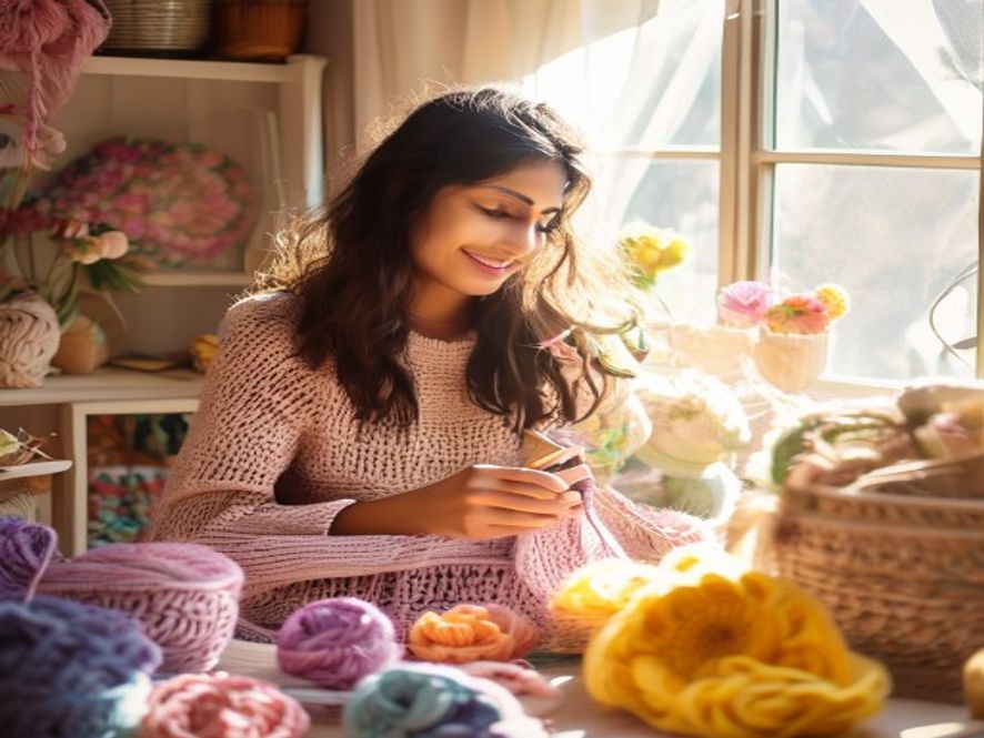 Rama crocheting handmade flowers in her sunlit Hyderabad studio