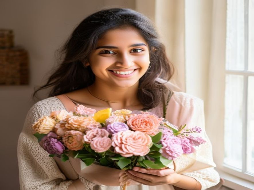 A happy customer holding a handmade crochet bouquet
