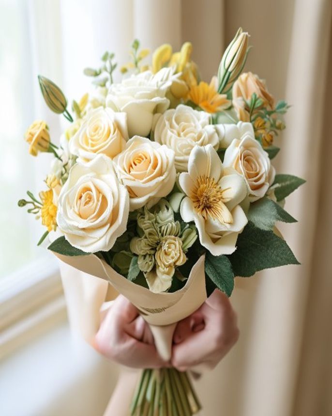 A hand-tied crochet flower bouquet, gift-wrapped