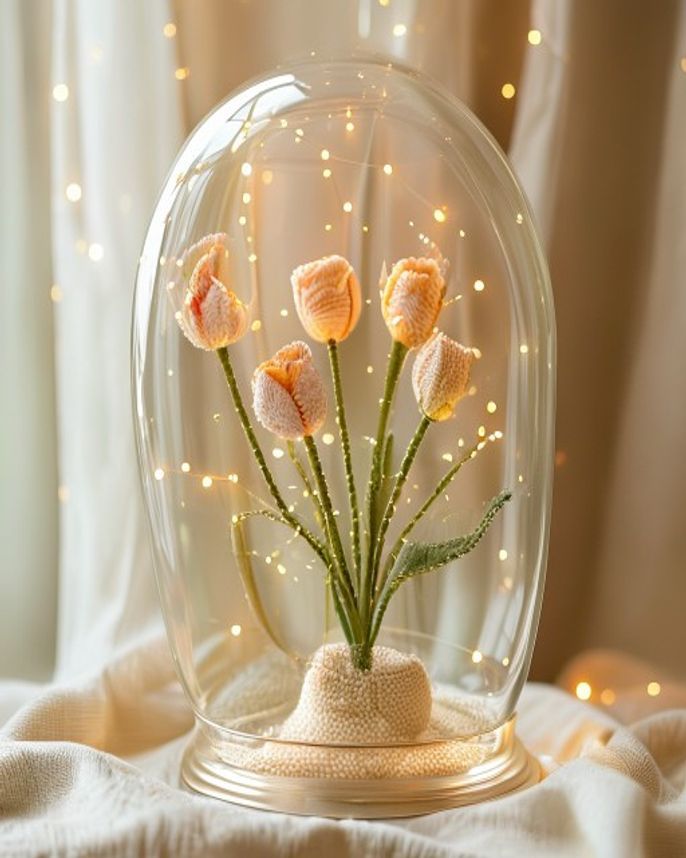 Crochet tulips glowing inside a fairy-light glass dome